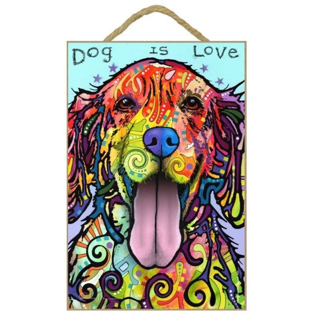 Colorful Dog Wall Art Decor With "Dog Is Love" Text 10"x7" Rope Hanger Vibrant M